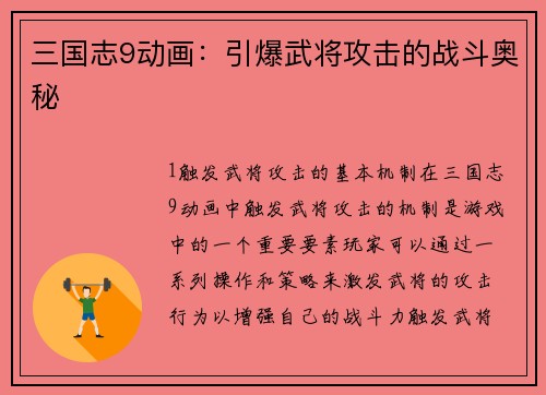 三国志9动画：引爆武将攻击的战斗奥秘